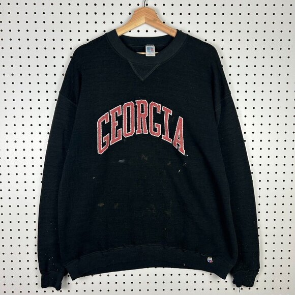 Vtg Georgia Bulldogs 90s Crewneck Sweatshirt Sz XL Black Distressed Russell‎ USA - Picture 1 of 7